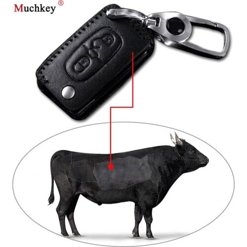Leather Remote Case Car Key Bag Cover for Peugeot 2 Buttons Folding Key Luxury Genuine Hand Sew Black Line 1PC Type D