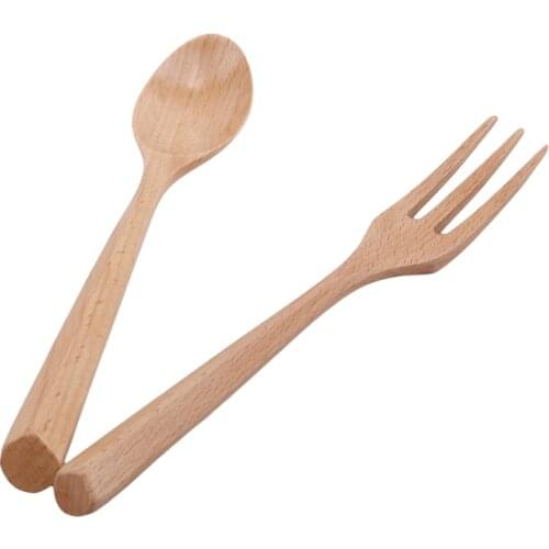 Beech Spoon Japanese Simple Style Natural Solid Color Creative Handle Wooden Spoon Fork Creative Kitchen Tableware