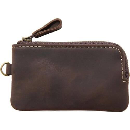 Genuine Leather Men Key Wallet,Zipper Housekeeper Pouch Holder,Keychain Crazy Horse Coin Purse