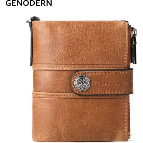 GENODERN Men Wallet Double Zipper of Hasp Design Genuine Leather Short Wallet for Men with Coin Pocket New Male Purse