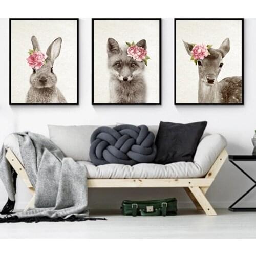 Flowers Fox Fawn Rabbit Wall Art Picture Woodland Animal Canvas Painting Poster Nursery Print Minimalist Kids Baby Room Decor