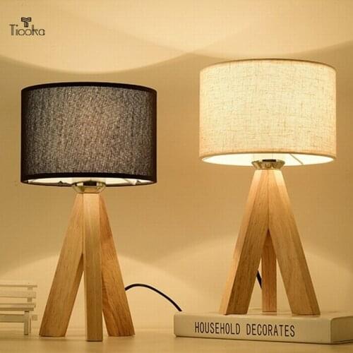 Tiooka Table Night Light with Wooden Tripod Bracket Chinese Style Fabric Lamp Desk Lamp for Study Living Room Bedside E27 220V