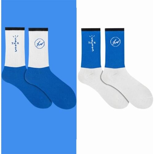 Street Fashion Cotton Logo Crew Socks Men Lightning Thunder Bright Blue White Flash Symbol TS Korean Style Women Sign Autograph