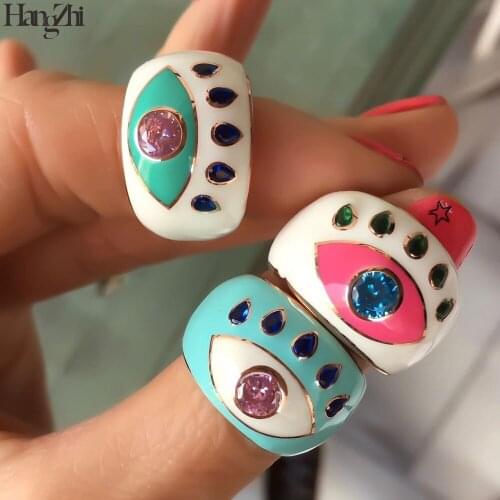 HangZhi 2021 New Boho Evil Eye Colorful Rhinestone Glaze Enamel Ring Adjustable Lucky Party Finger Ring for Women Girls Jewelry