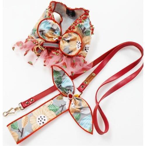 Luxury Designer Dog Dress Harness Leash Set for Small Medium Dogs Floral Printed Collar Vest Leash for Puppy Walking Training
