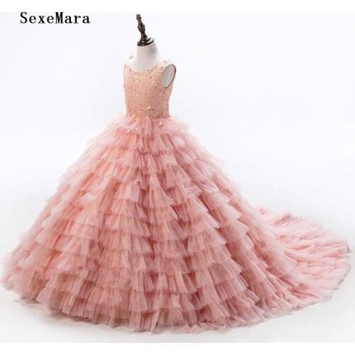 Custom Pink Flower Girl Dress for Wedding Party Little Princess Ball Gown Beaded Lace Kids Birthday Dress Real Picture