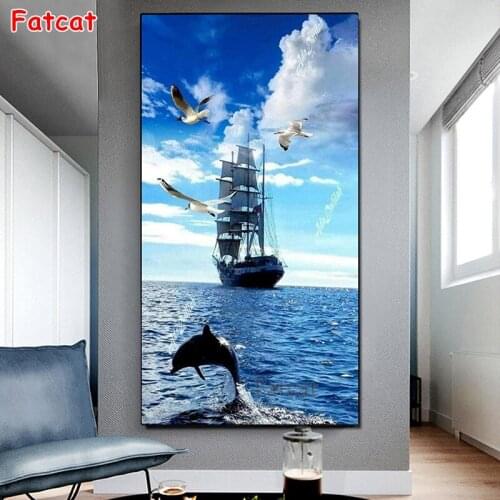 DIY Diamond Embroidery Dolphins, whales landscape Diamond Painting ship seagulls Full Square/Round Picture Of Rhinestone pp812