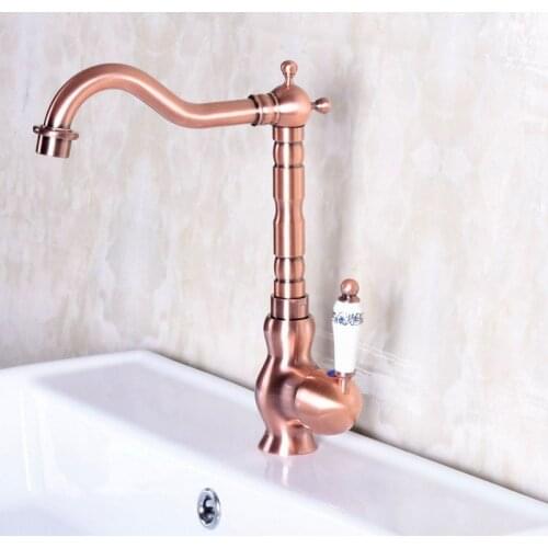 Antique Red Copper Brass Single Ceramic Handle Bathroom Kitchen Basin Sink Faucet Mixer Tap Swivel Spout Deck Mounted mnf136