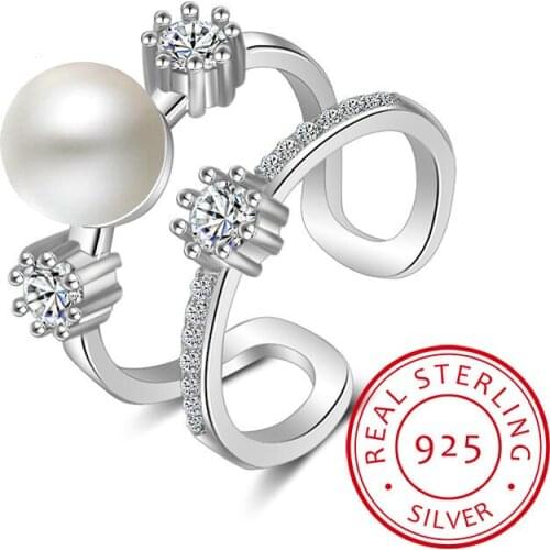 Dazzling Micro Cz 925 Sterling Silver Ring Setting Zirconia Pearl Double Rows Opening Rings Bague Anillos For Women S-r338