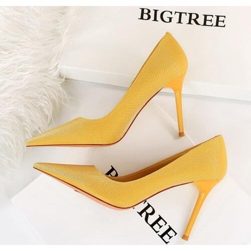 BIGTREE HOT 9.5cm Shallow Pointed Head Presses Grain Silk Sexy Woman‘s Shoes Wedding Bridal Glitter Heels Fetish Stiletto Pumps