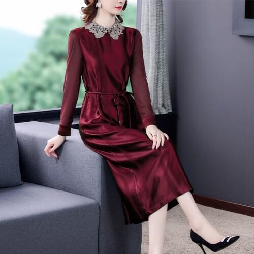 Spring Autumn Mulberry Silk Satin Lace Maxi Dress 2021 Vintage New 4XL Plus Size Solid Midi Dress Elegant Bodycon Party Vestidos