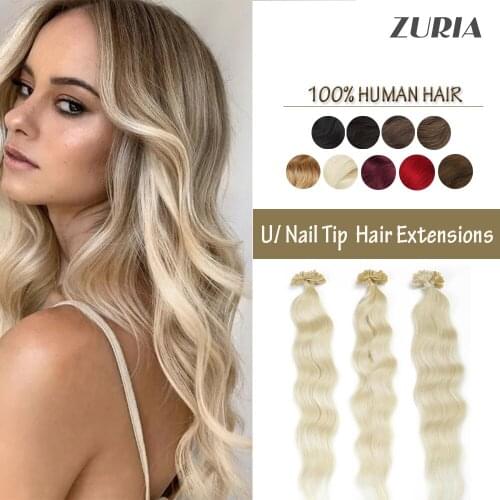 ZURIA U Nail Tip Machine Made Remy Human Hair Extensions Keratin Human Fusion Curly Hair 20inch 1g/ps 50g 100% Natural Real Hair