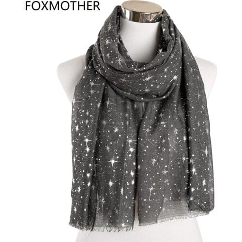FOXMOTHER New Autumn And Winter Pink Navy Star Print Scarf Women Foil Sliver Hijab Scarves Glitter Galaxy Shawl Wrap Ladies 2019