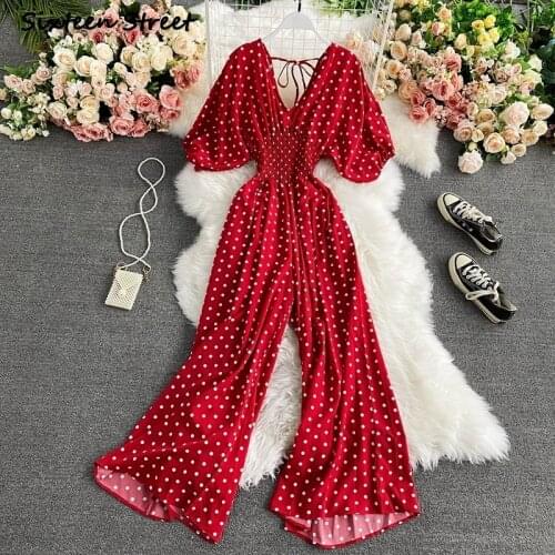 Jump Suits for Women Sexy V Neck Batwing Sleeve Dot Print Wide Leg Pants One Piece Jumpsuit Overalls for Women High Quality 2021