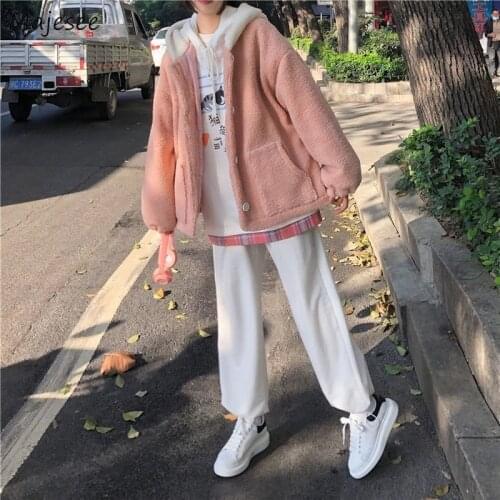 Women Sets 3 Piece Lambswool Pink Cute Outwear Printed Hooded Fake 2 Hoodies Solid Casual Pant Students Chic Lovely Fashion New