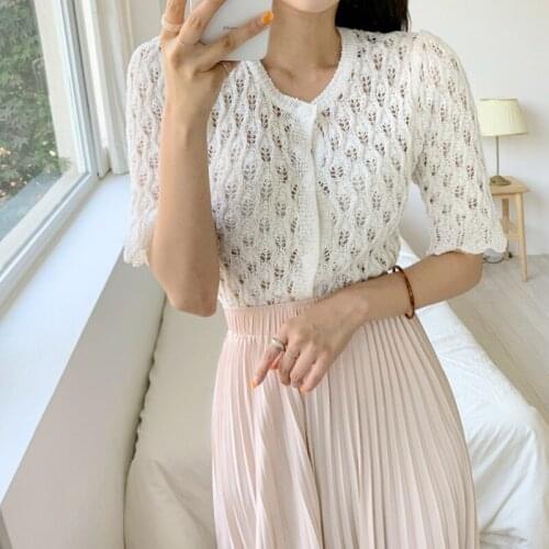 Tops Women 2021 Summer Korean Fashion Hollow Out Short Sleeve Cardigan Knitted T Shirt Women Green Ropa De Muje