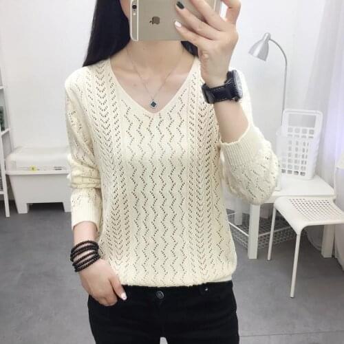 Summer New Loose V-Neck Womens Hollow Knit Sweater Korean Version Of The Wild Short Long-Sleeved Thin Bottoming Top Traf