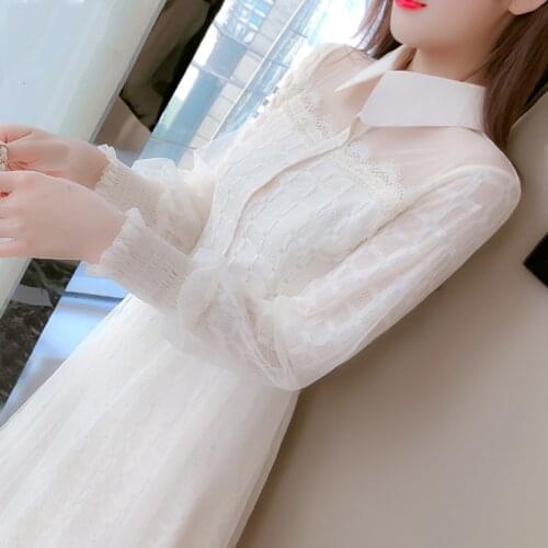 Women Long Dress Plaid Mid-Calf Long Puff Sleeve Peter Pan Collar Lace Office Lady Fairy Spring/Autumn Hollow Korean Style 2021