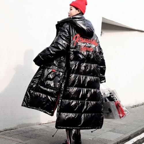 Winter Glossy Down Jacket Coat Women Thicken Warm Down Cotton Parkas Coats Female Hooded Cotton Coat Ladies Long Cotton Overcoat