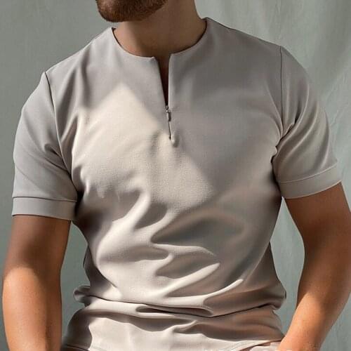 2021 spring and summer new simple solid color zipper short-sleeved mens T-shirt top Unique High Quality Short Sleeve Plus Size