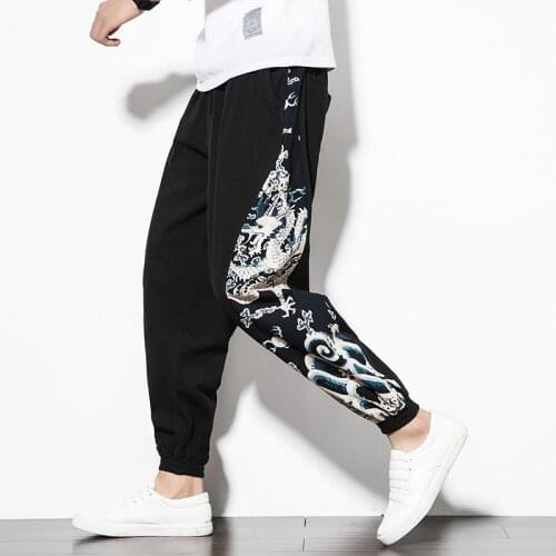 #2542 Spring Summer Men Cotton Linen Harem Pants Plus Size 4XL 5XL Black/Red Side Dragon Printed Thin Vintage Trousers Joggers
