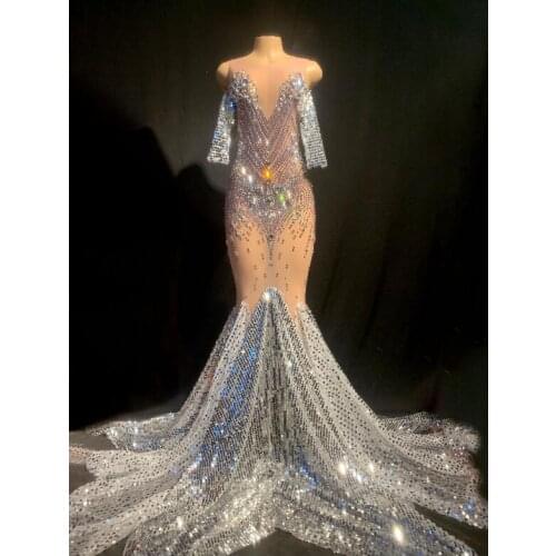 3 Colors Sparkly Crystals Transparent Sequins Mermaid Dress Evening Party Long Rhinestones Dresses Birthday Celebrate Costume