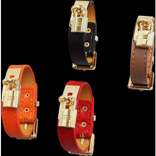 1.5cm Width Red Orange Khaki Black Colors Real Cowhide Leather Bangle Clasp Design Steel Lock Charms Bracelets For Women Jewelry