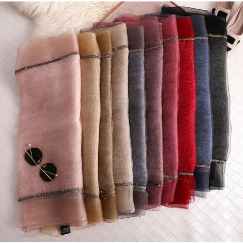 Brand Embroidery High Quality Soft Wool Scarf Lady Pashmina Shawls Bandana Foulard Solid 2021 Beading Women Silk Scarves Fashion