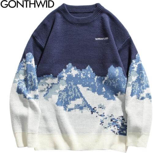 GONTHWID Snow Mountain Knitted Jumper Sweaters Streetwear Mens Hip Hop Harajuku Pullover Knitwear Tops Fashion Knit Outwear Male