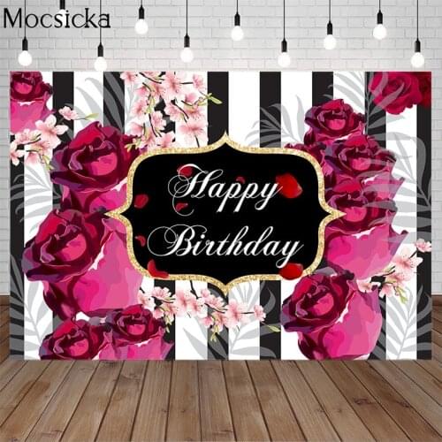 Mocsicka Happy Birthday Black And White Stripes Backdrop Red Rose Adult Party Decoration Props Background For Photography