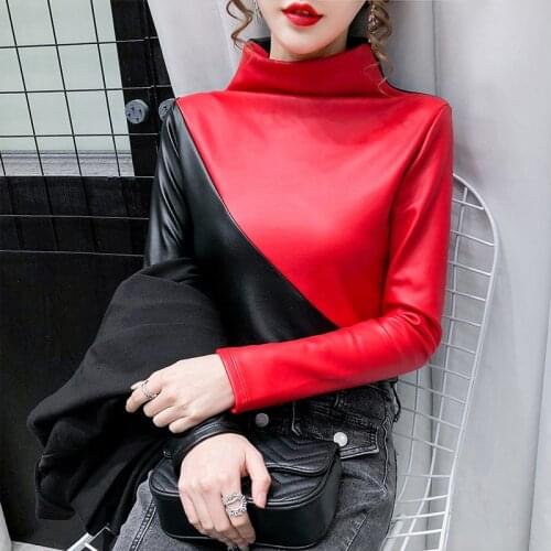 Streetwear PU Leather T-Shirt Women Hit Color Tops Harajuku Turtleneck Long Sleeve Shirt Top Autumn Winter Warm Velvet TShirt
