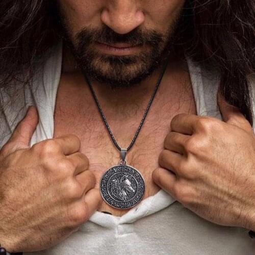 VALKNUT RUNES WOLF PENDANT STAINLESS STEEL NECKLACE WOLVE ODINS WARRIORS VIKINGS JEWELRY