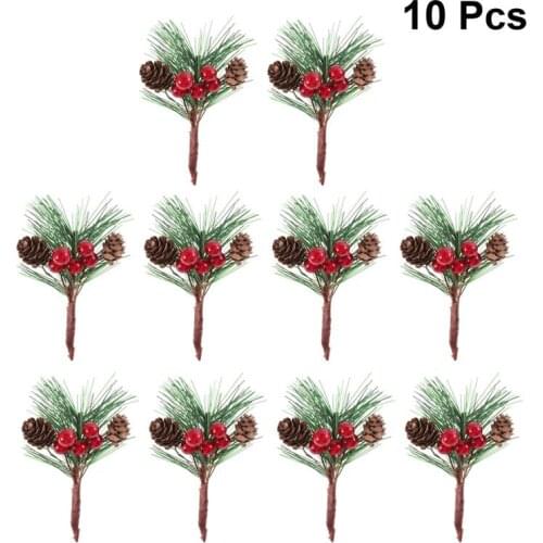 10Pcs Mini Simulation Christmas Pine Picks Stems Artificial Creative Pine Needle Berry Plant for Xmas Party Home Decor