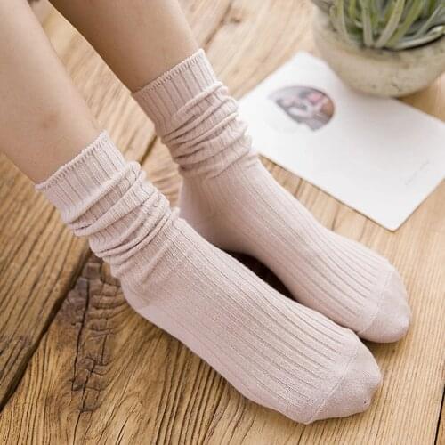 Spring Pure Color Striped Rib Socks For Women Cute Double Needles Knitting Casual Socks Harajuku Casual Loose Cotton Sox Student