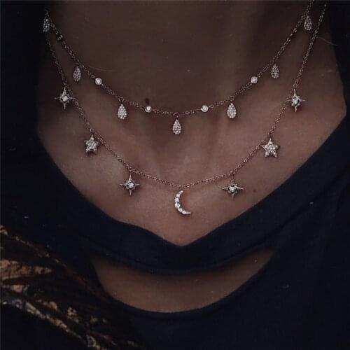 Boho Fashion Crystal Water Drop Star Moon Sun Pendant Necklaces For Women Vintage Gold Necklace Multilayer Female Jewelry Gift