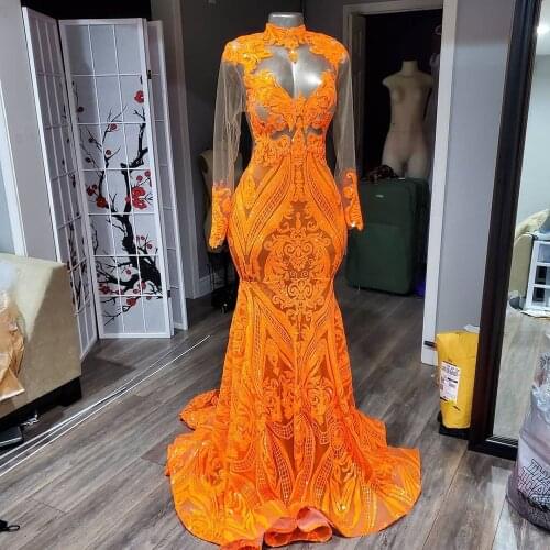 Long Sleeves Sparkly Sequin Party Prom Dress African Style Black Girl Designed See Through Top Orange Mermaid Prom Dresses 2021