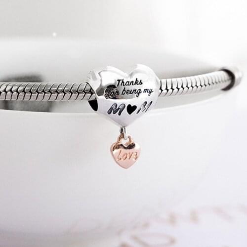 Authentic S925 Silver Dangle Charm Thanks Mom Pendant Bead fit Lady Bracelet Bangle Girl Birthday Gift DIY Jewelry