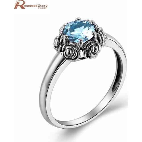 Luxury Woman Jewelry Finger Accessory Rose Sky Blue Crystal Real 925 Sterling Silver Wedding Rings October Birthstone Ring