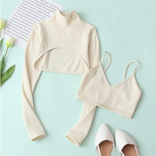 Zary daisy Joker Shirt 2021 Fall/Winter New Loose High Collar Long Sleeve Short Shirt Vest Two Pieces