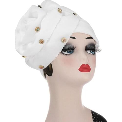 Turban Cap Rhinestone Headwear Solid Color Flower Decor Bandana Hat