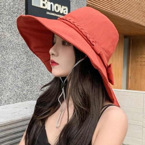 HT3532 New Fashion Spring Summer Sun Hat Women Big Bow Cloth Wide Brim Hat Lady Flat Top Packable Fishing Cap Bucket Hat Panama