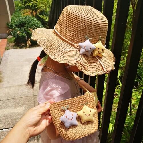 Spring Summer Girl Straw Hat With Cute Handbag Star Children Outdoor Sun Hats Beach Cap Bag Set