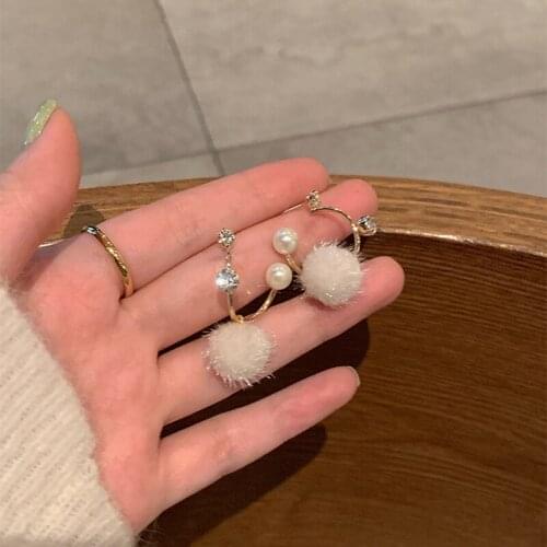 TIMEONLY Trendy Hairy Ball Drop Earrings Sparkly Rhinestone Faux Pearl Charm Earring for Women Girlfriend Sweet Accessories