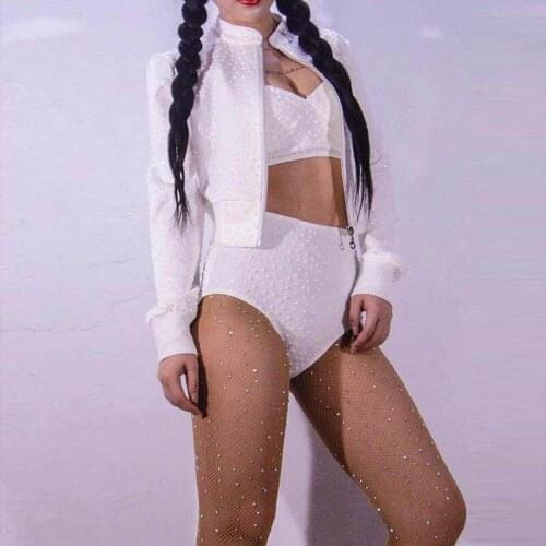 European and American New Style Diamond Performance Clothes,Women Bar DJ Jazz Beads Sexy Coat Jacket Bra And Short Pants
