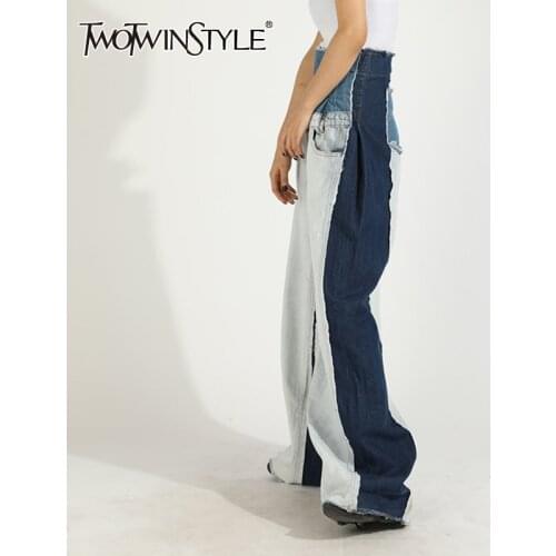 TWOTWINSTYLE Casual Patchwork Pocket Jeans For Women High Waist Hit Color Casual Loose Denim Pants Female Spring New Fashion