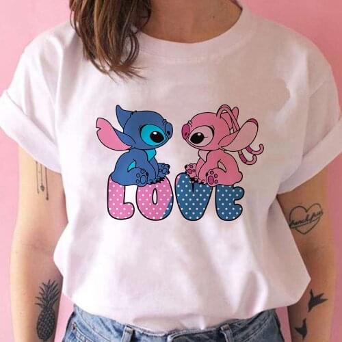 Stitch Angel Love Print Women T Shirts Couples in love O-Neck Disney Modern Lilo & Stitch Harajcku Y2k Beautiful Clothing
