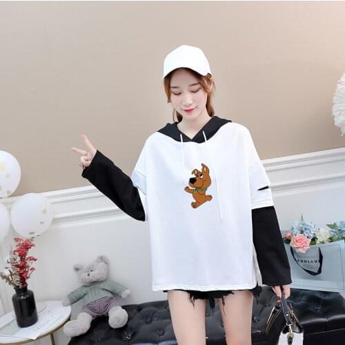 Womens T-Shirts Harajuku y2k Long Sleeve False 2PC Hole Hooded Loose Casual Cute Cartoon Dog Print Tops Kawaii Female Clothing