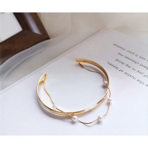 Korean Simulated Pearl Metal Double Layed Bracelet for Women Female Gold Color Alloy Chain Charm Bracelets Wedding Jewelry Gift