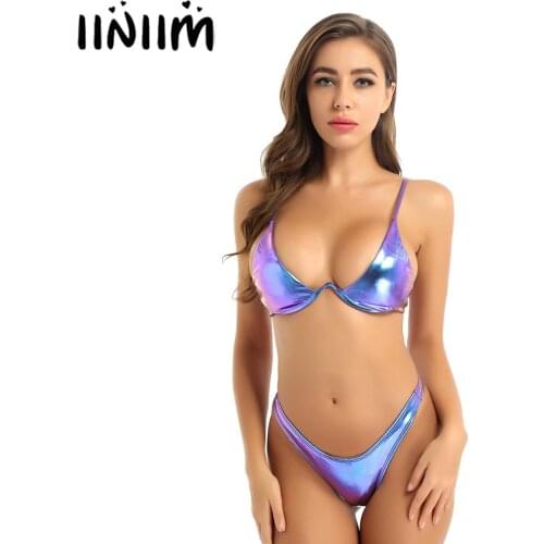 Womens Adult Shiny Summer Bikini Lingerie Sets Padded Underwire Bra Top with High Cut Briefs Sexy Party vacation Swimwear