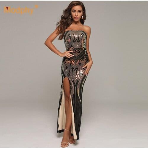 High Quality Elegant Women Sequins Long Dress Sexy Strapless Split Bodycon Celebrity Evening Party Runway Dress 2020 Fashion New